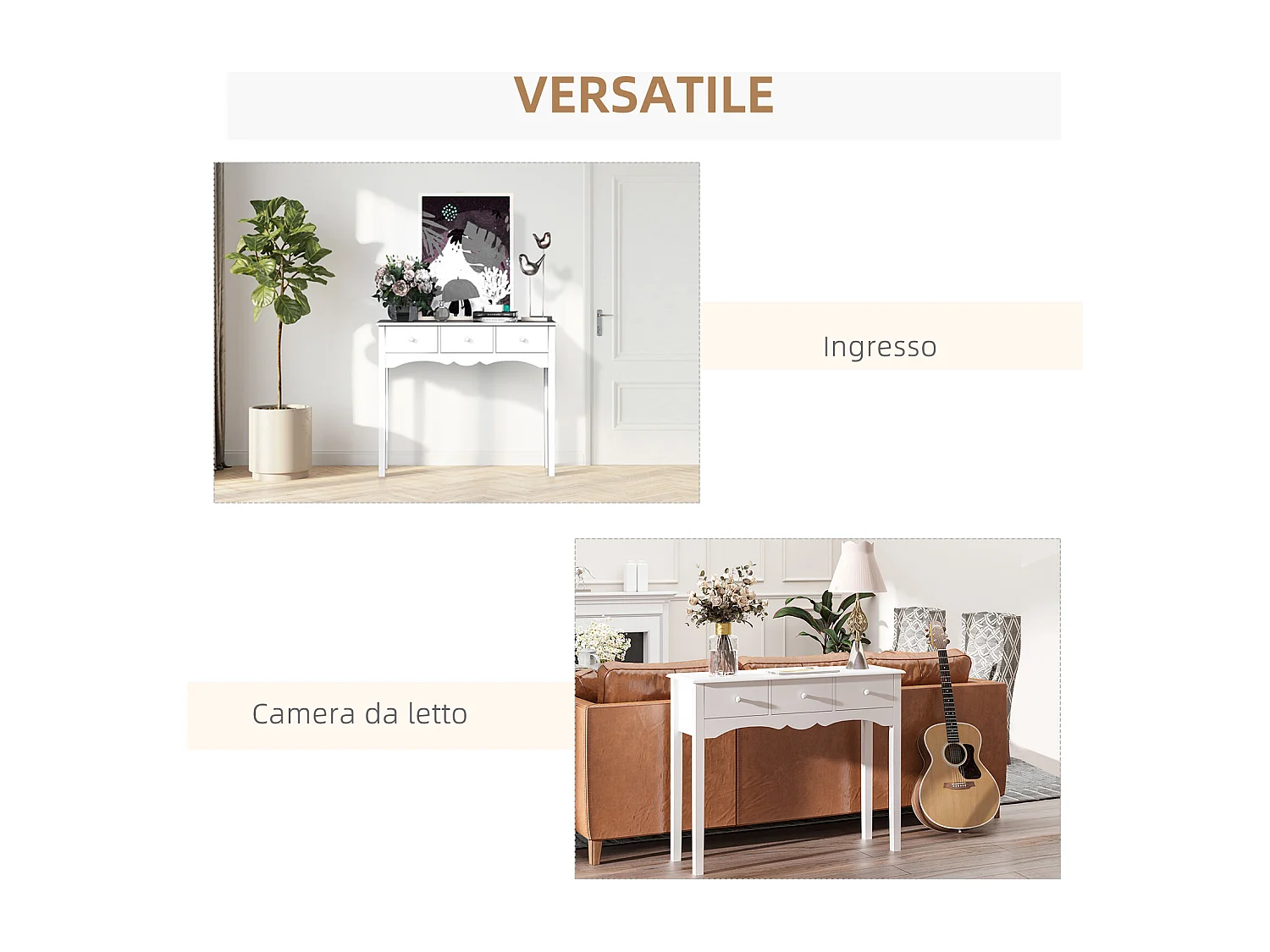 Tavolo consolle moderno con 3 cassetti in mdf 100x32x85 cm bianco