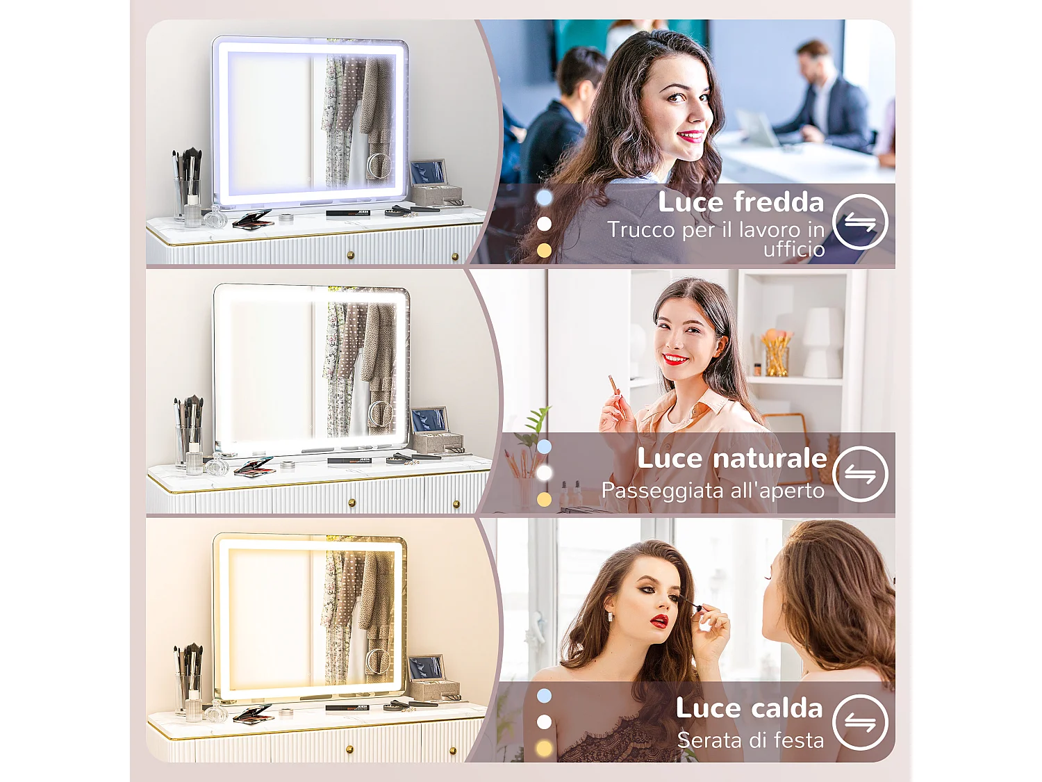 Specchio trucco con luci regolabili ingranditore 10x e presa usb