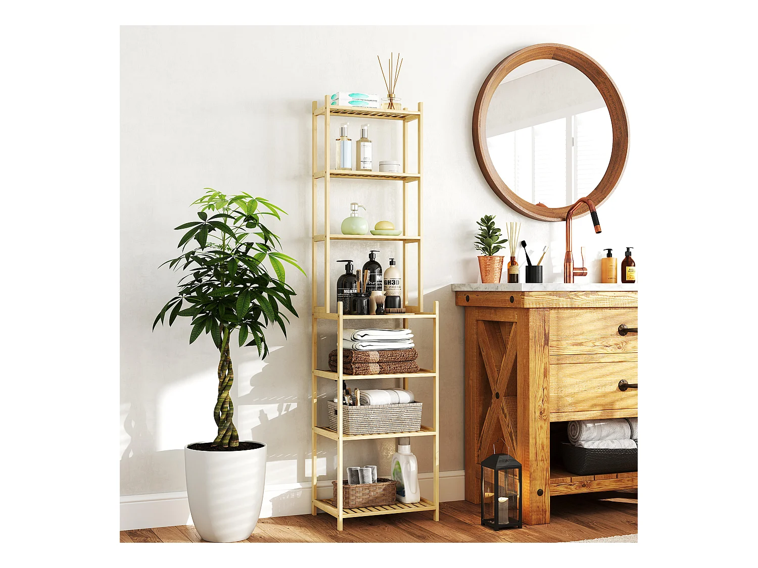Mobile scaffale bagno a 7 ripiani in bambù 44x33x180 cm color legno