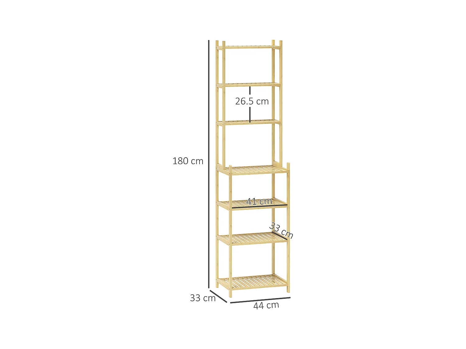 Mobile scaffale bagno a 7 ripiani in bambù 44x33x180 cm color legno