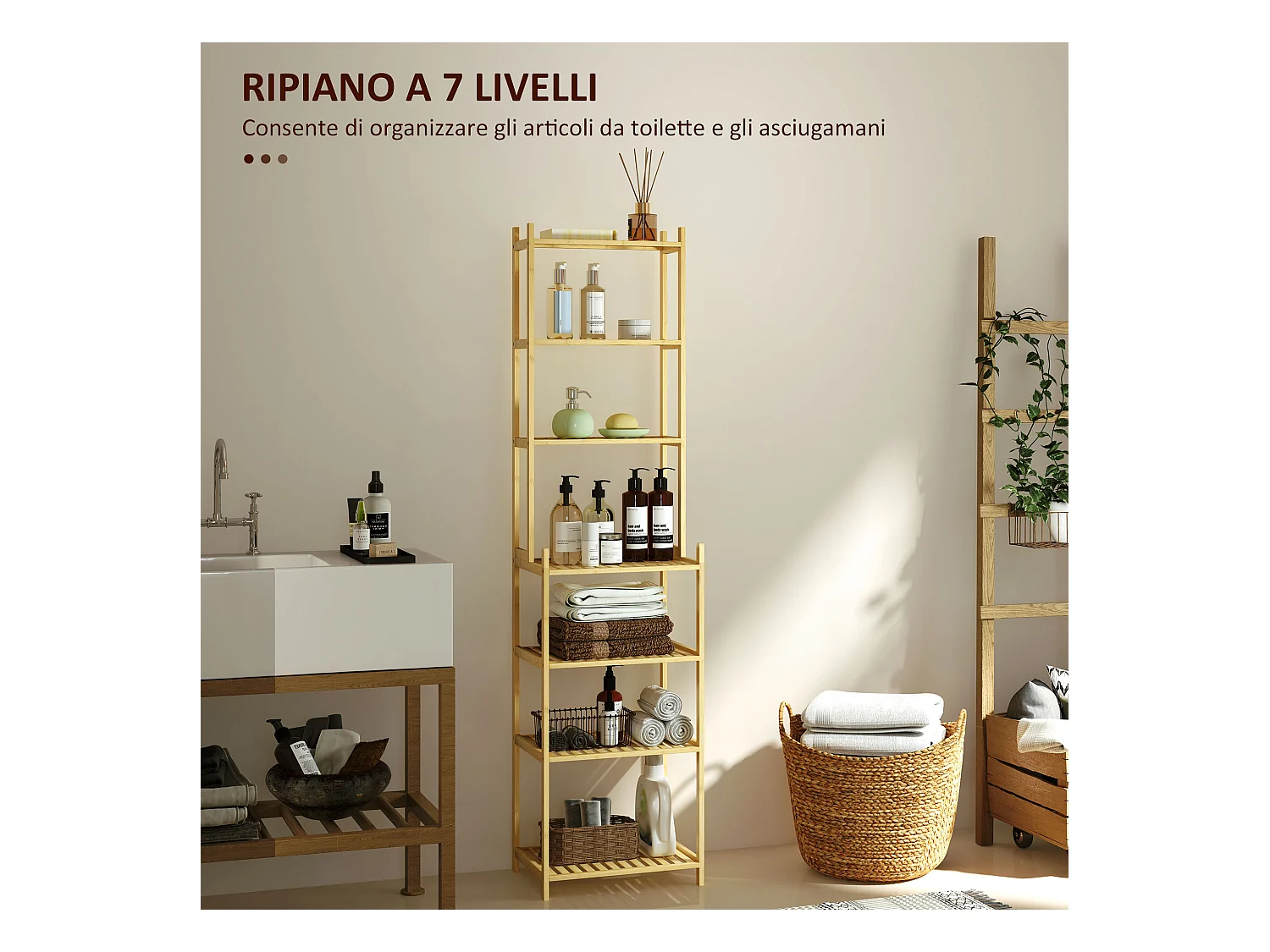 Mobile scaffale bagno a 7 ripiani in bambù 44x33x180 cm color legno