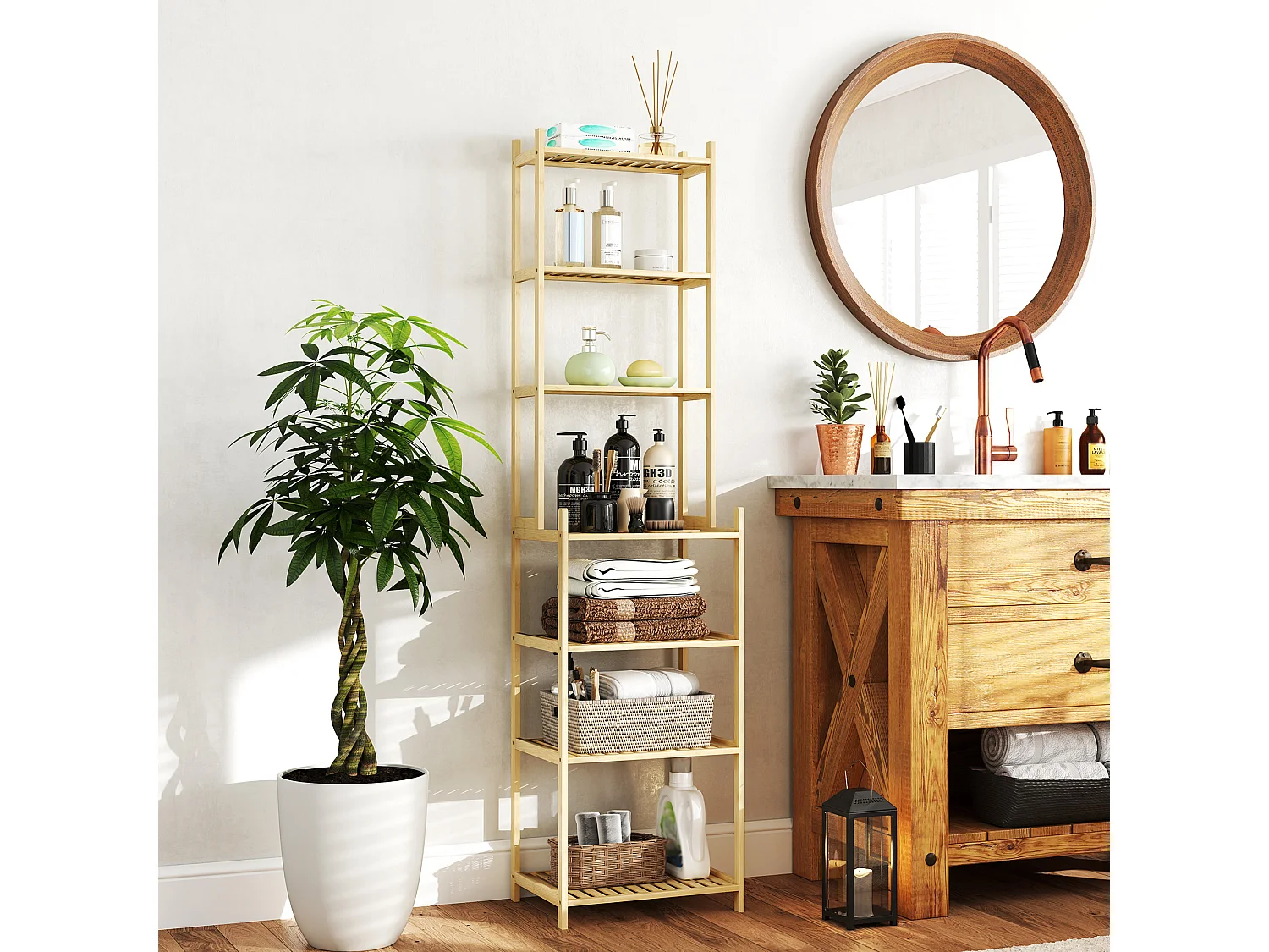 Mobile scaffale bagno a 7 ripiani in bambù 44x33x180 cm color legno