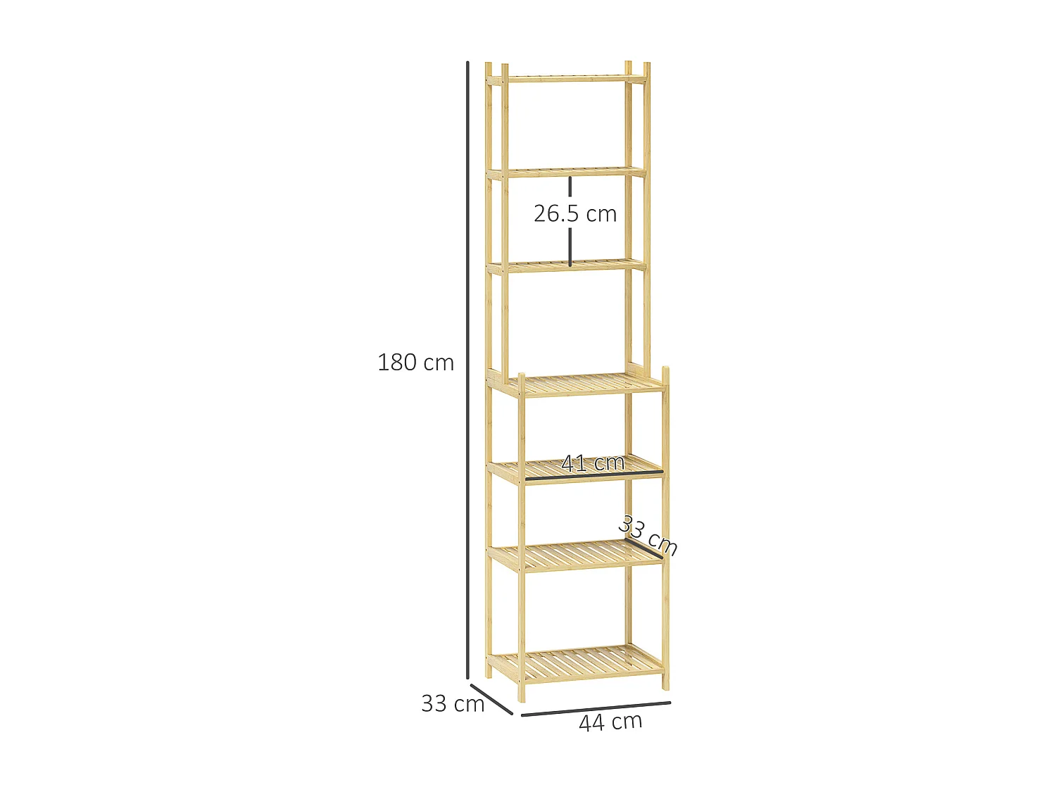 Mobile scaffale bagno a 7 ripiani in bambù 44x33x180 cm color legno