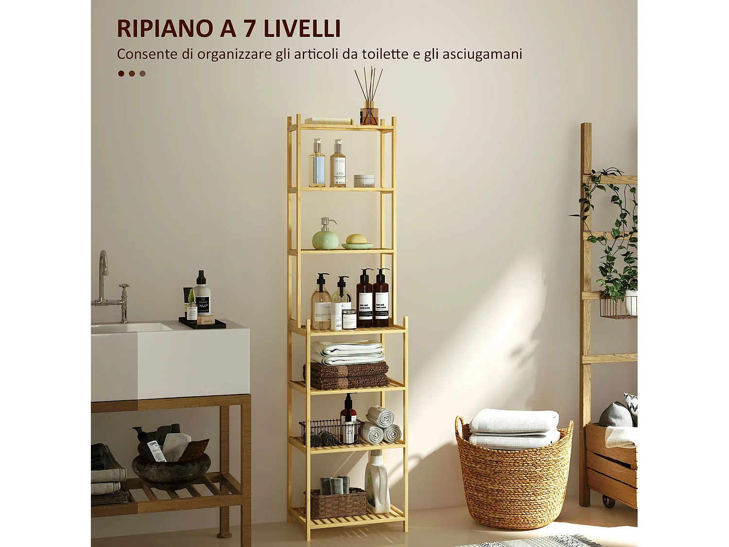 Mobile scaffale bagno a 7 ripiani in bambù 44x33x180 cm color legno