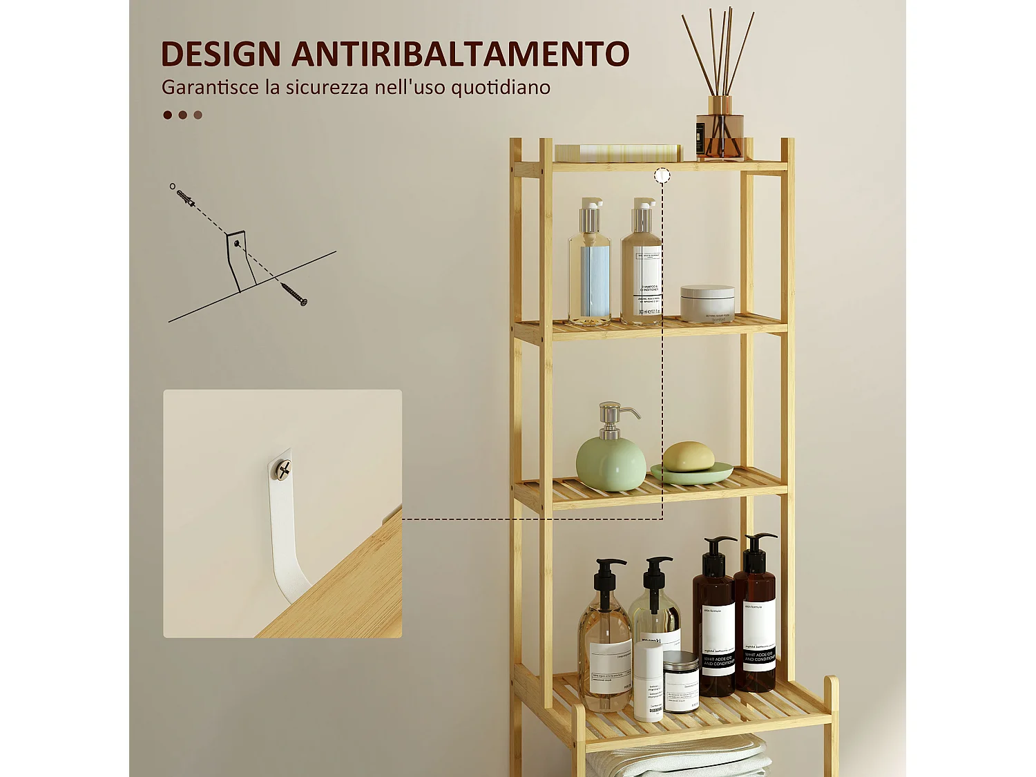 Mobile scaffale bagno a 7 ripiani in bambù 44x33x180 cm color legno