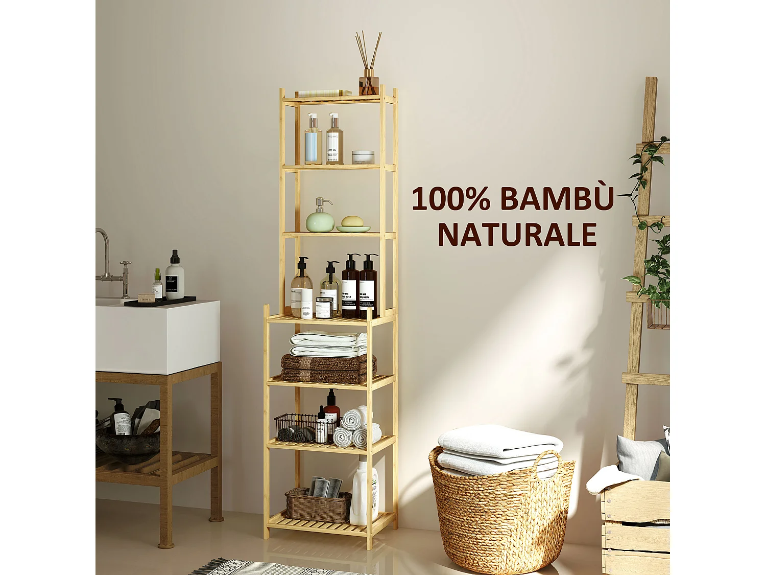 Mobile scaffale bagno a 7 ripiani in bambù 44x33x180 cm color legno