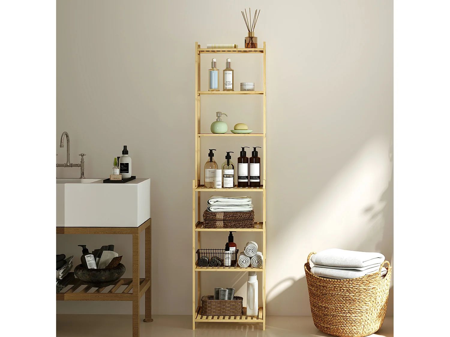 Mobile scaffale bagno a 7 ripiani in bambù 44x33x180 cm color legno