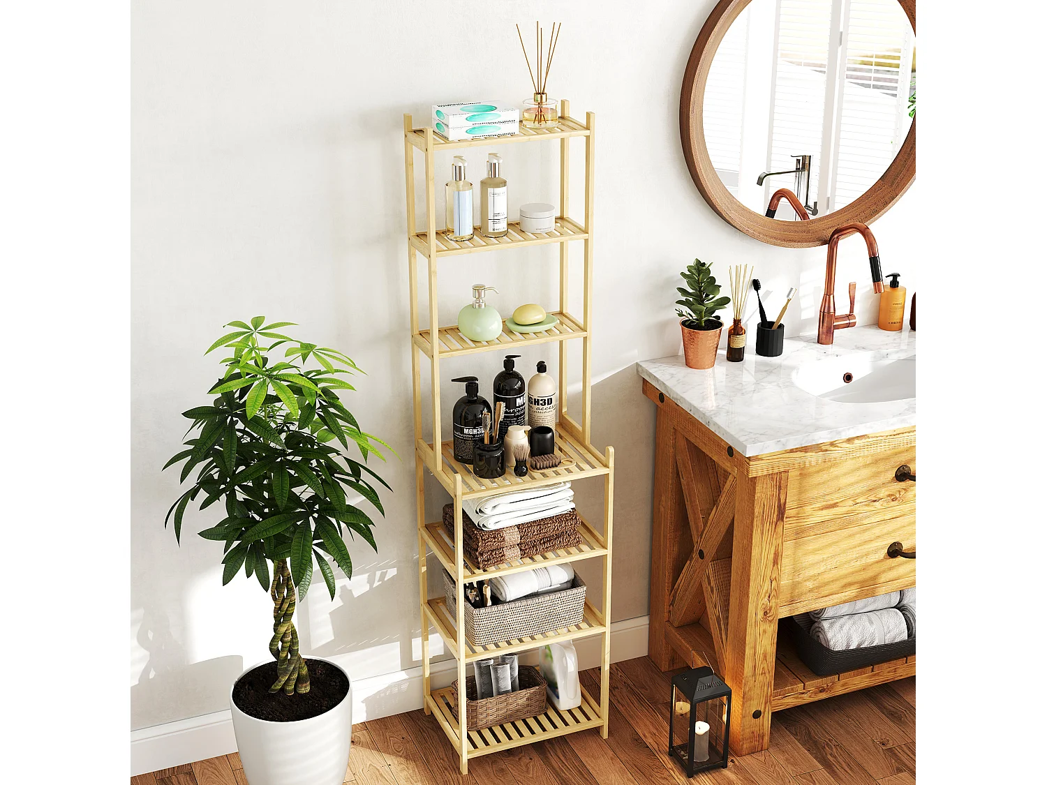 Mobile scaffale bagno a 7 ripiani in bambù 44x33x180 cm color legno