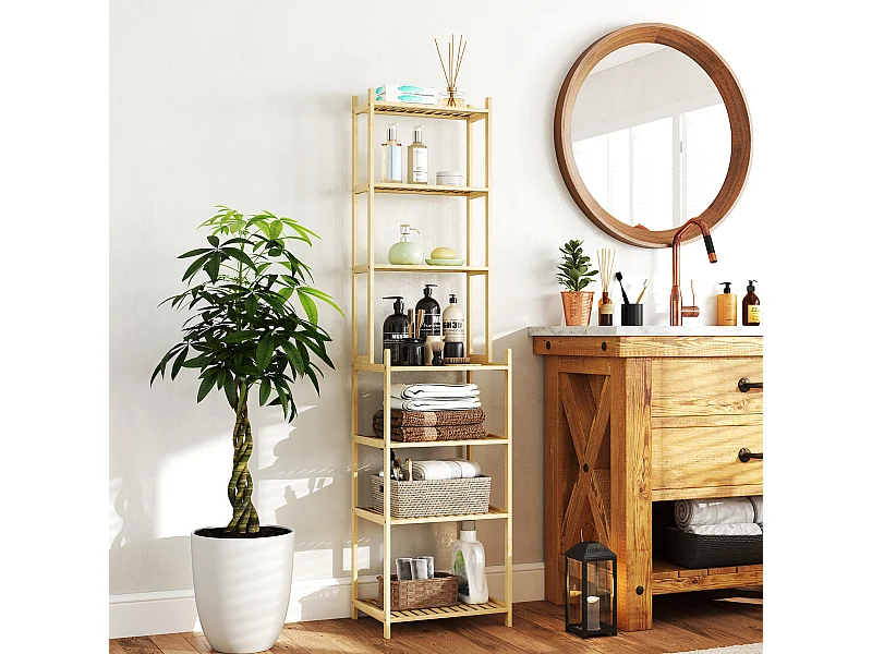 Mobile scaffale bagno a 7 ripiani in bambù 44x33x180 cm color legno