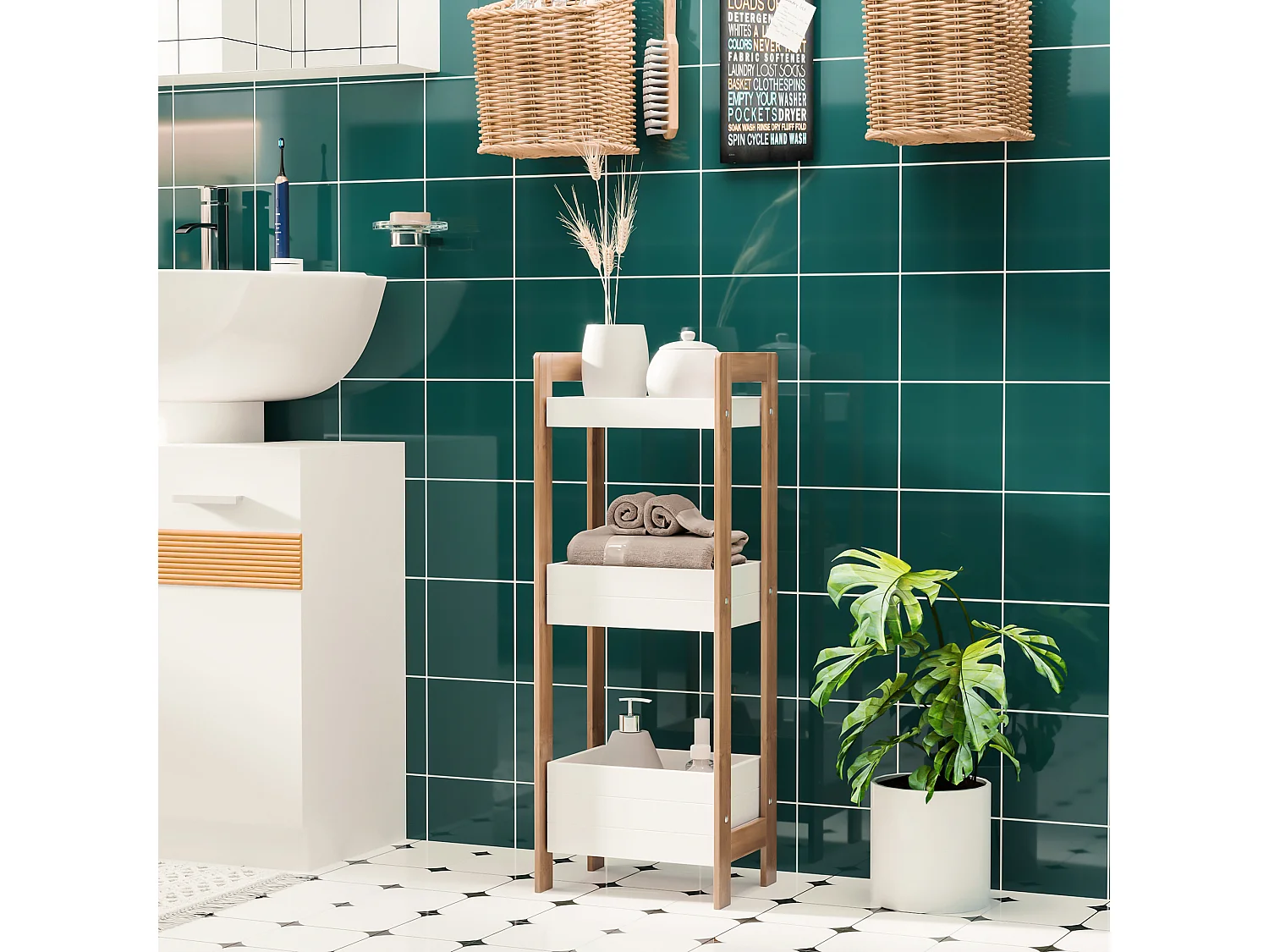 Scaffale 3 ripiani mobiletto bagno multiuso mdf e bambù bianco