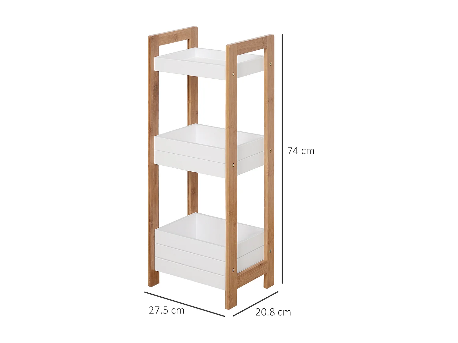 Scaffale 3 ripiani mobiletto bagno multiuso mdf e bambù bianco