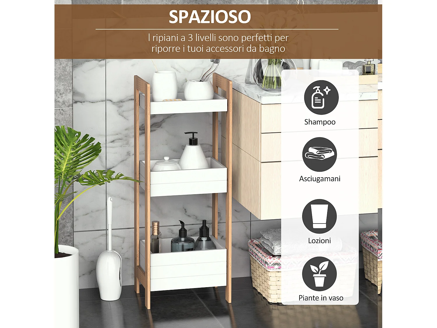 Scaffale 3 ripiani mobiletto bagno multiuso mdf e bambù bianco
