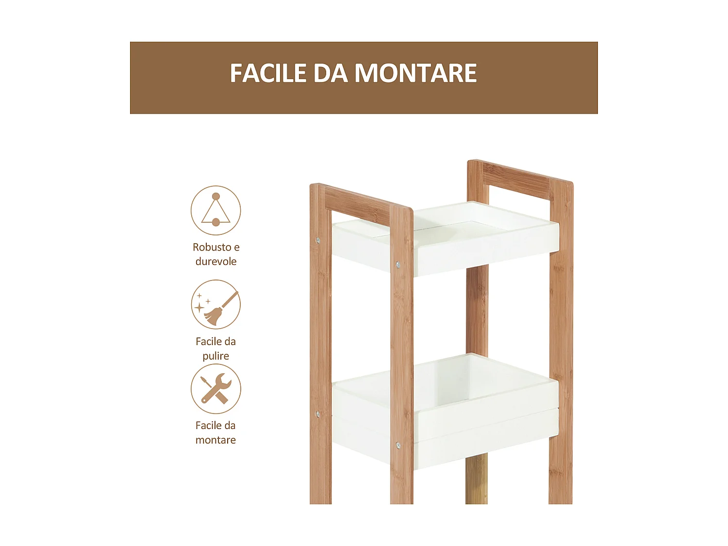 Scaffale 3 ripiani mobiletto bagno multiuso mdf e bambù bianco