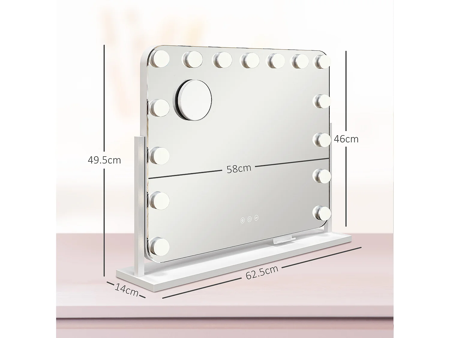 Specchio da trucco con 14 luci led in vetro e metallo bianco