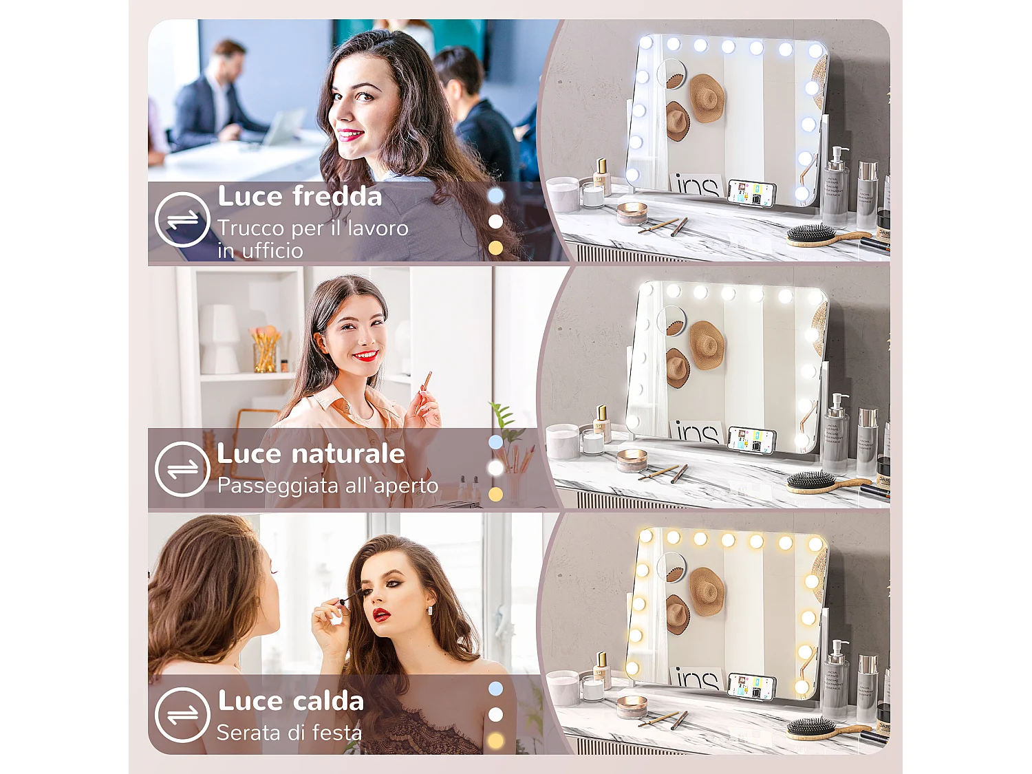 Specchio da trucco con 14 luci led in vetro e metallo bianco