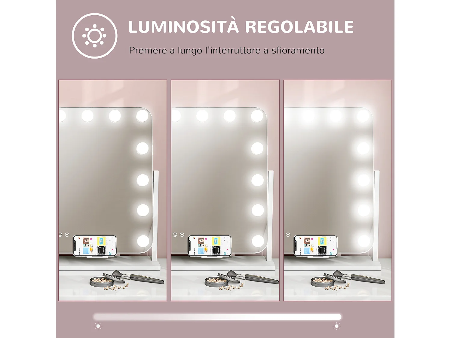 Specchio da trucco con 14 luci led in vetro e metallo bianco