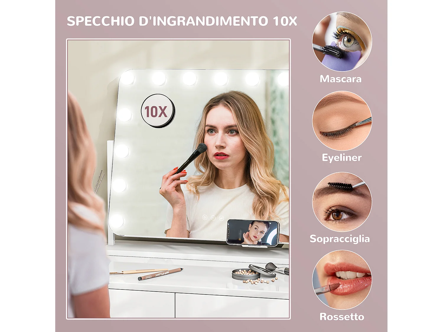 Specchio da trucco con 14 luci led in vetro e metallo bianco
