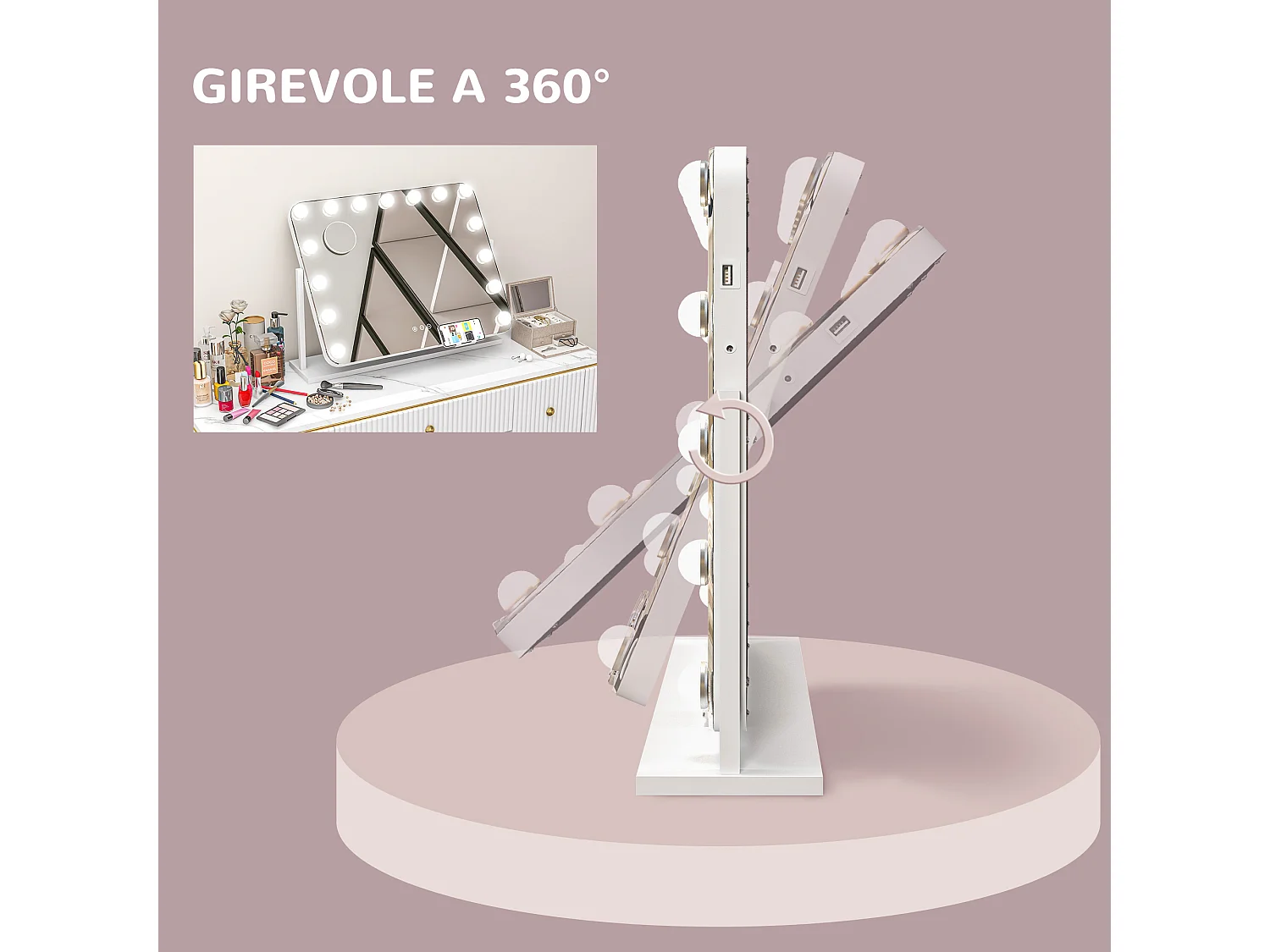 Specchio da trucco con 14 luci led in vetro e metallo bianco