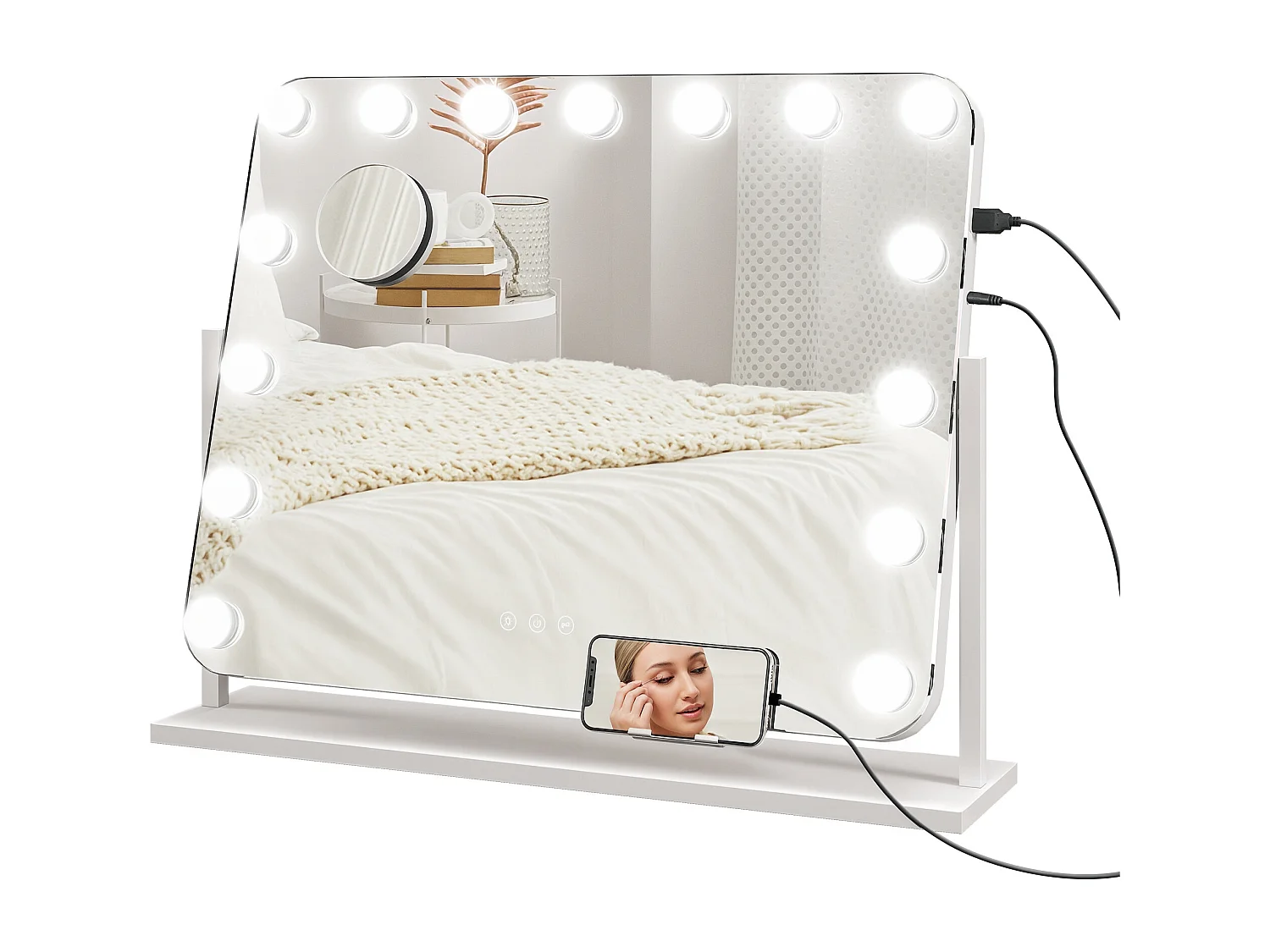 Specchio da trucco con 14 luci led in vetro e metallo bianco