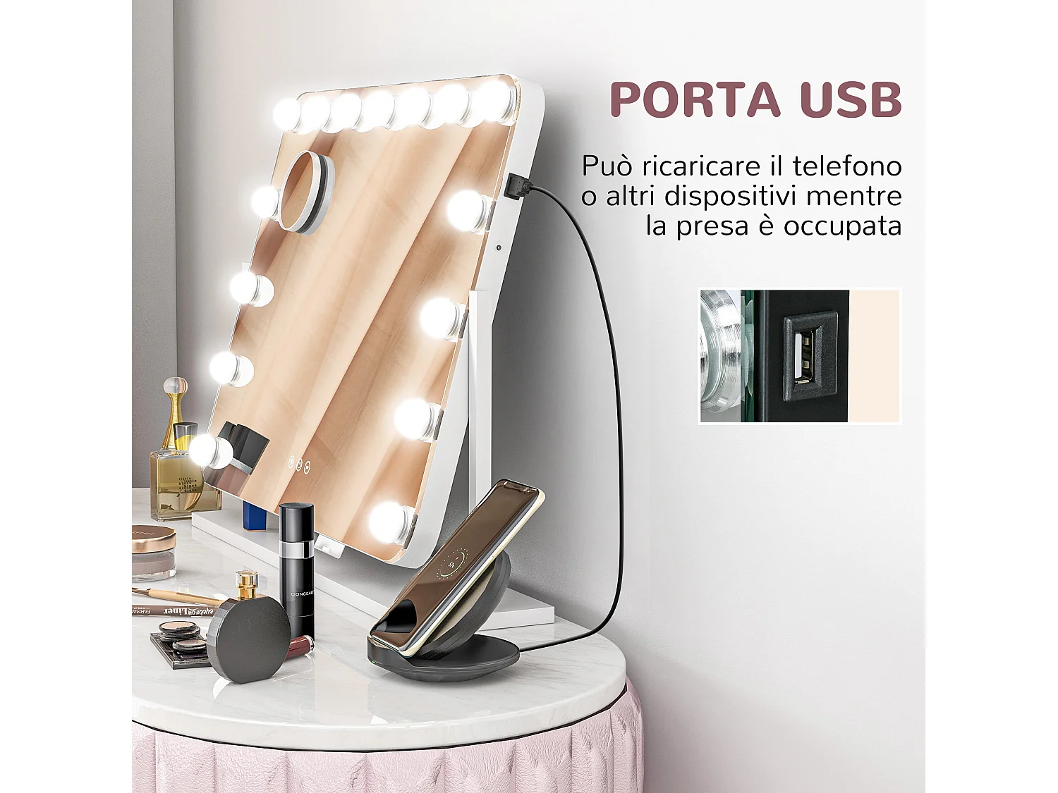 Specchio da trucco con 14 luci led in vetro e metallo bianco