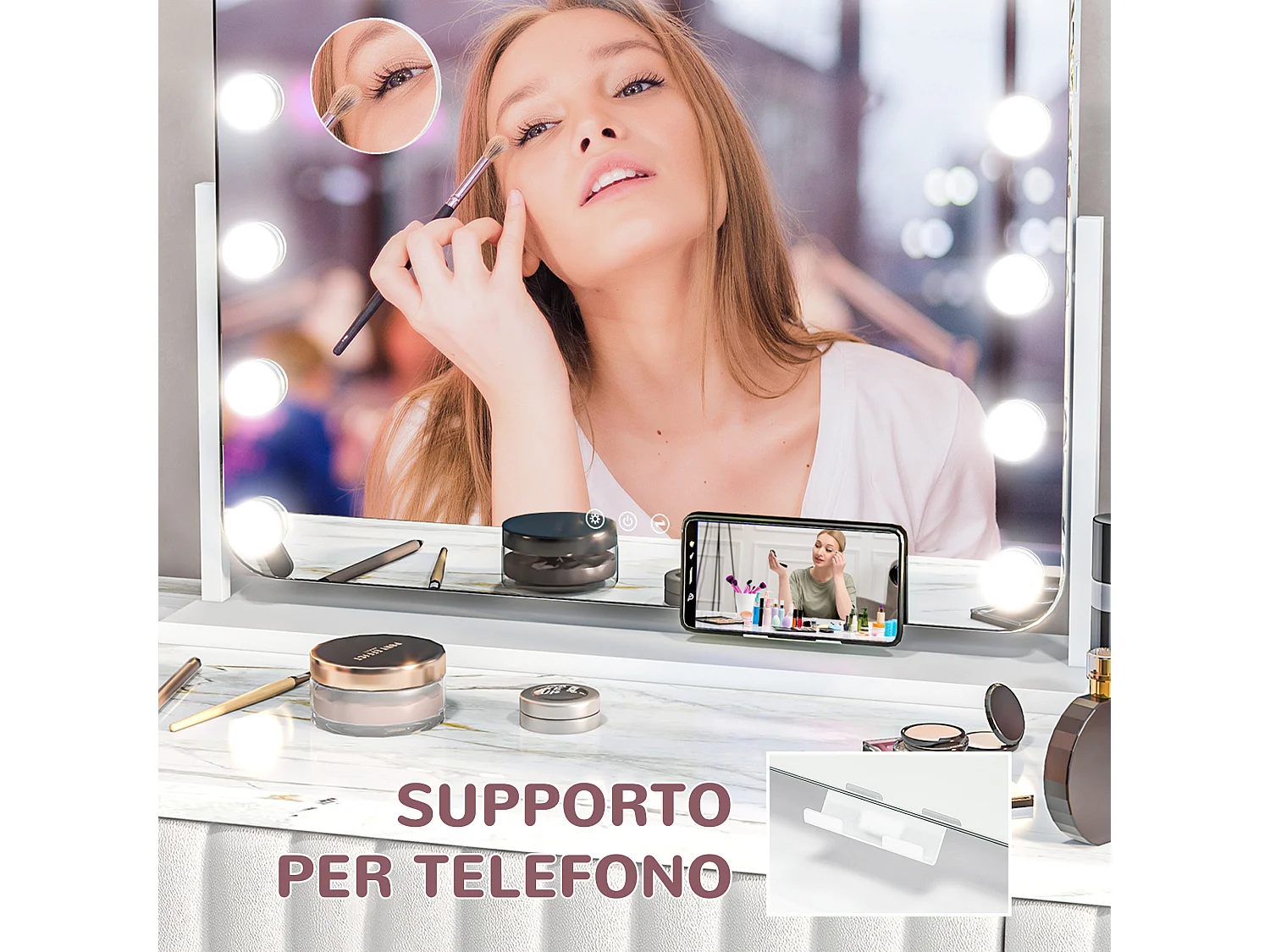 Specchio da trucco con 14 luci led in vetro e metallo bianco