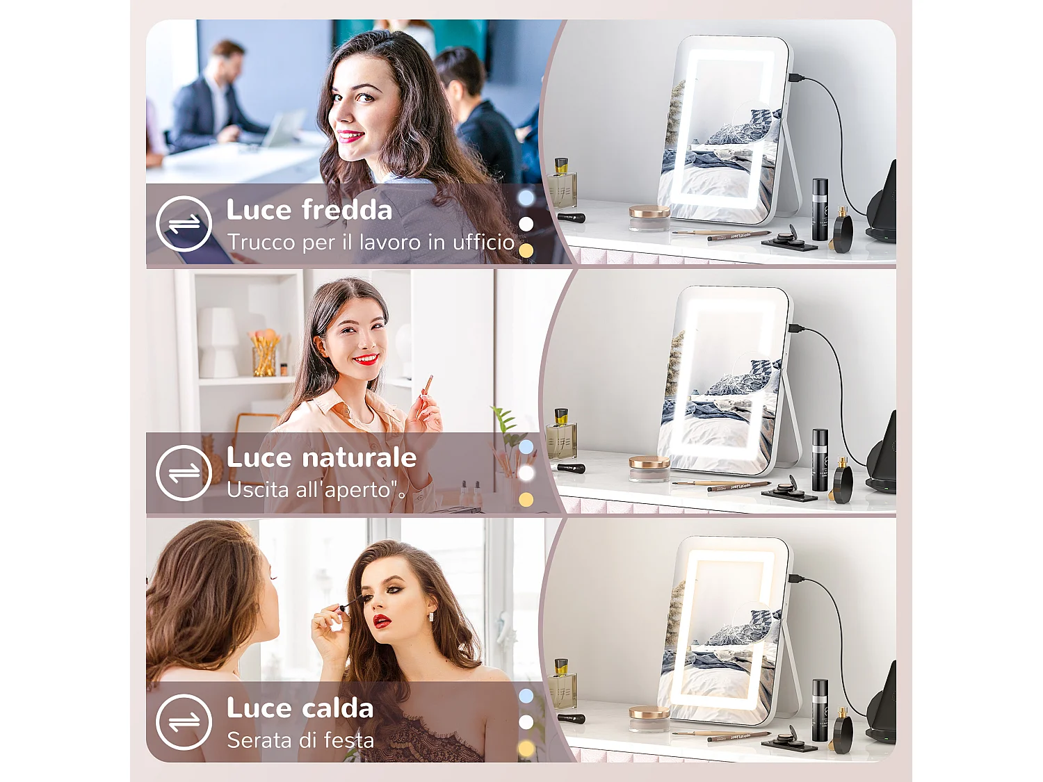 Specchio trucco con luci regolabili presa usb e ingranditore 10x