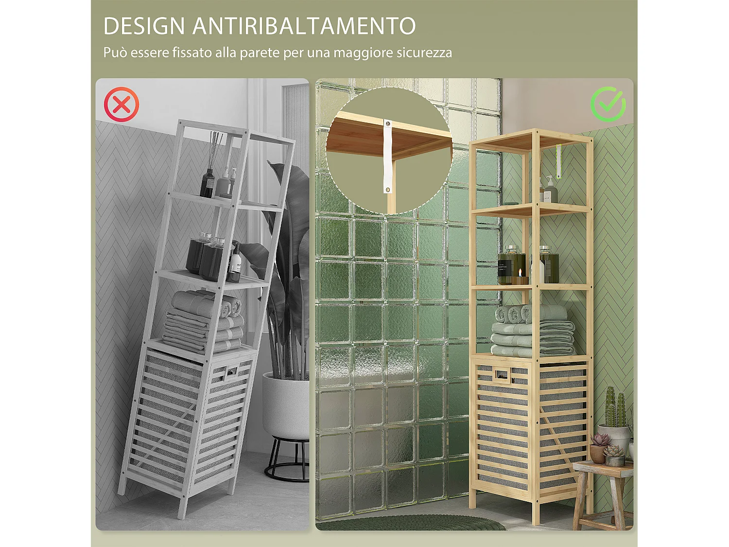 Colonna bagno con 3 ripiani e cesto portabiancheria in legno e tessuto