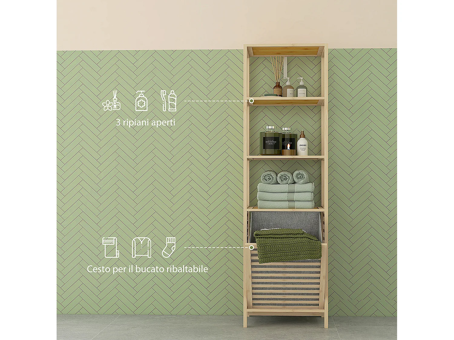 Colonna bagno con 3 ripiani e cesto portabiancheria in legno e tessuto