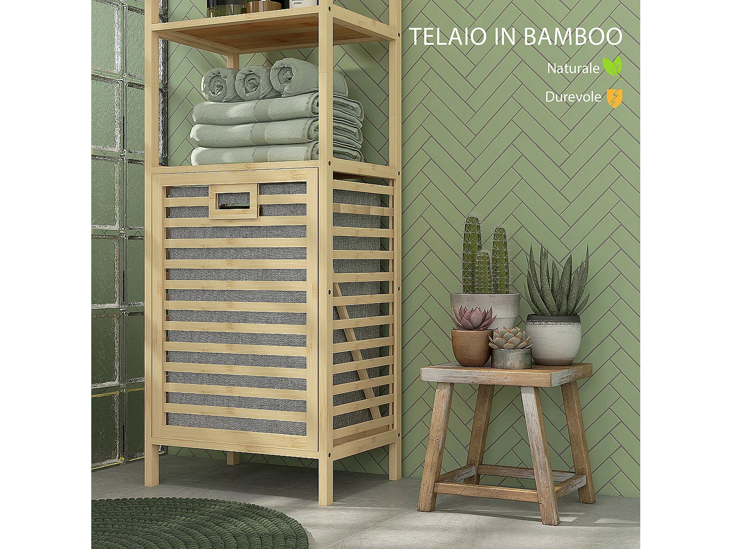 Colonna bagno con 3 ripiani e cesto portabiancheria in legno e tessuto