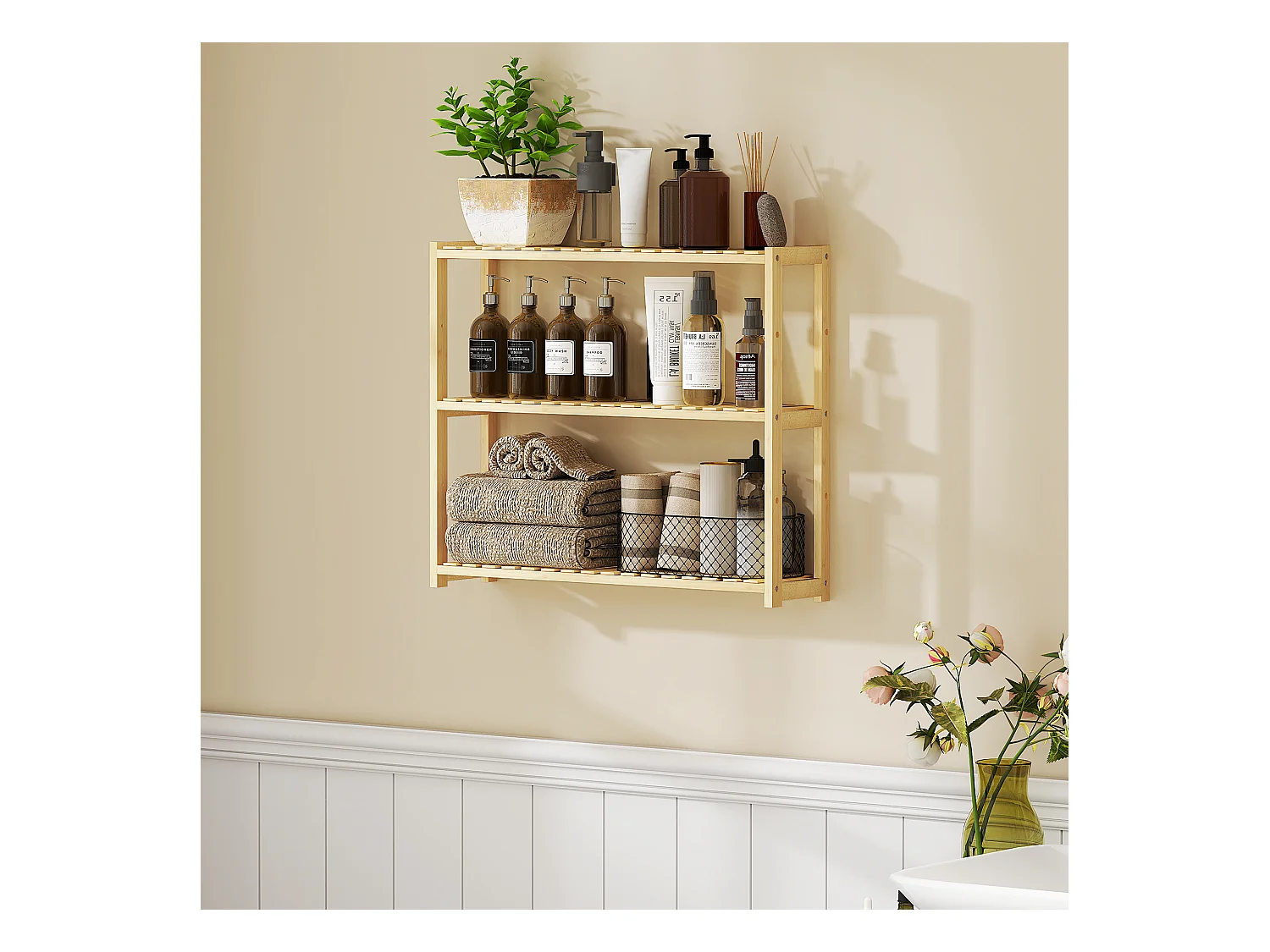 Scaffale per il bagno a 3 ripiani regolabili in bambù color legno