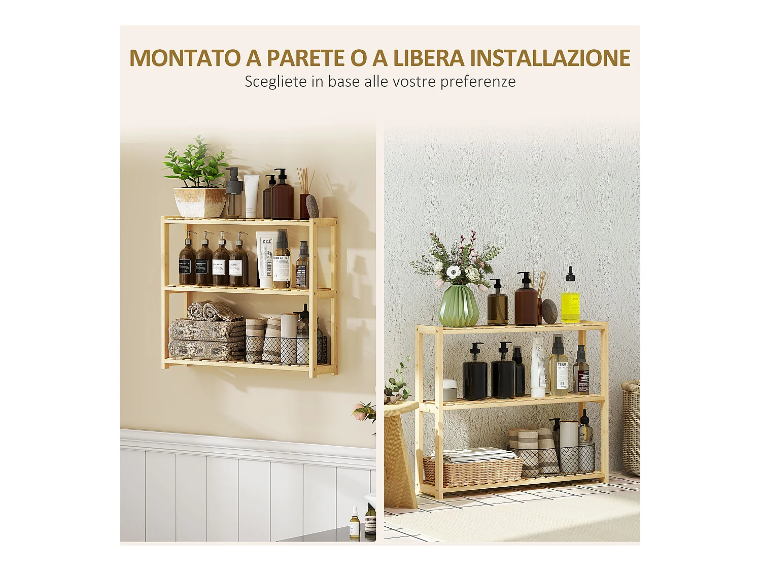 Scaffale per il bagno a 3 ripiani regolabili in bambù color legno