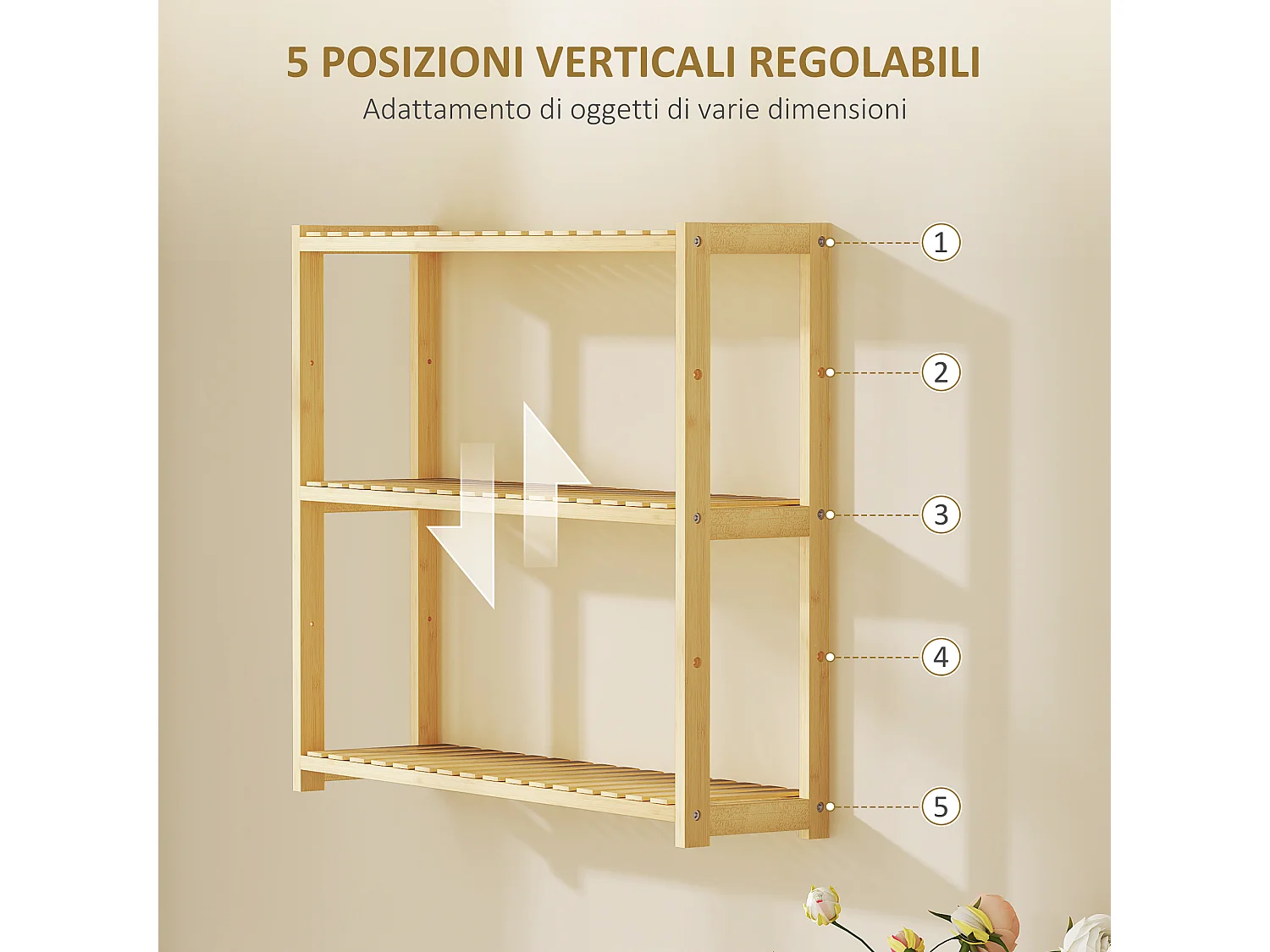 Scaffale per il bagno a 3 ripiani regolabili in bambù color legno