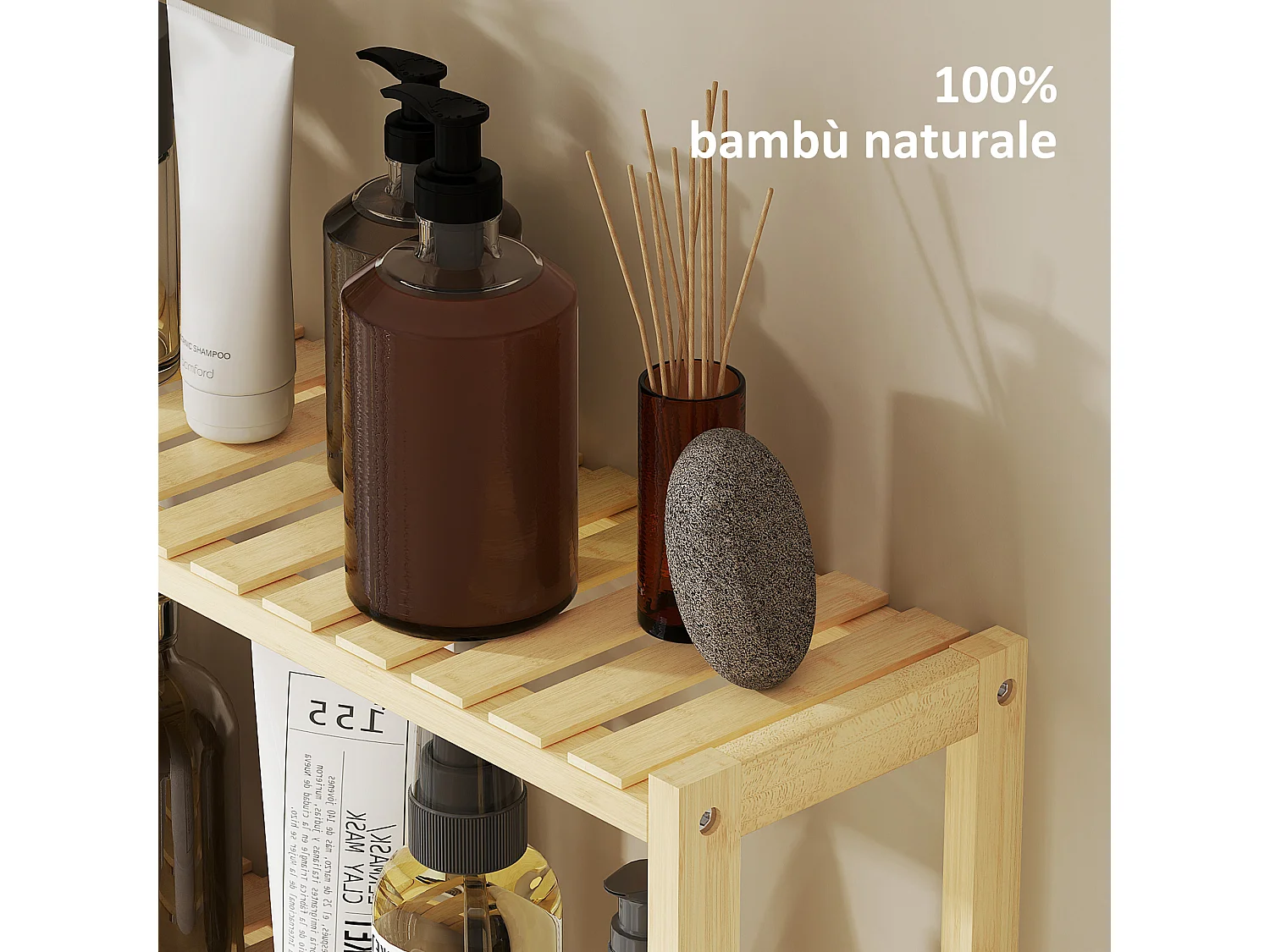 Scaffale per il bagno a 3 ripiani regolabili in bambù color legno