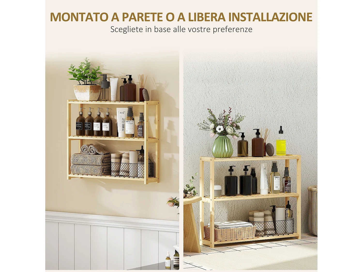 Scaffale per il bagno a 3 ripiani regolabili in bambù color legno