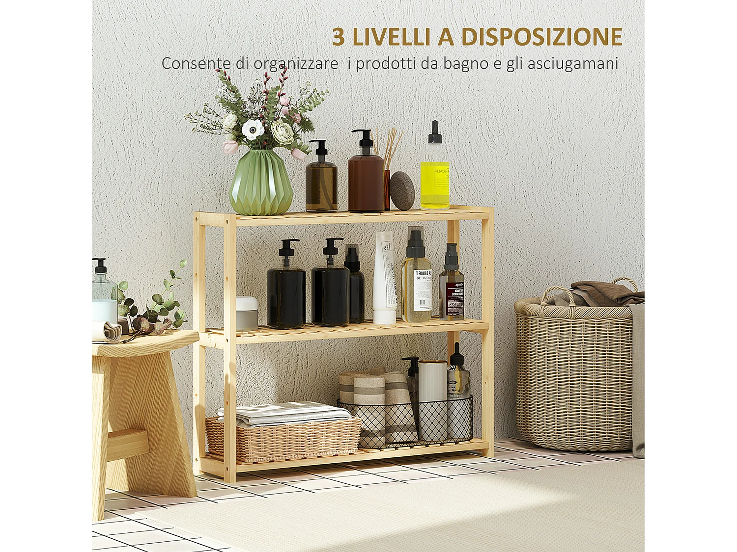 Scaffale per il bagno a 3 ripiani regolabili in bambù color legno