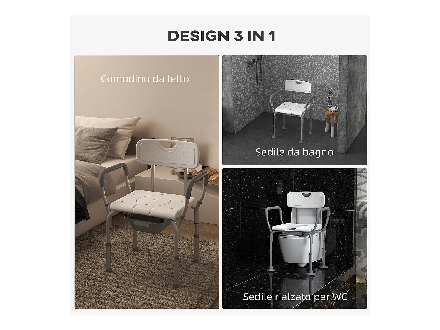 Sedia da doccia 3 in 1 con altezza regolabile bianco