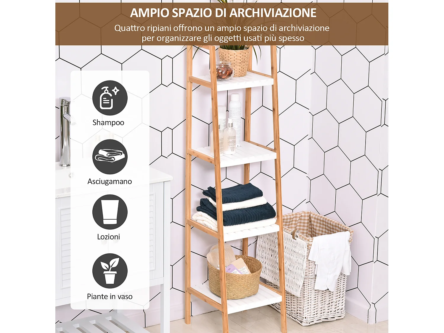 Scaffale bagno a scala con 4 ripiani in bambù bianco e legno