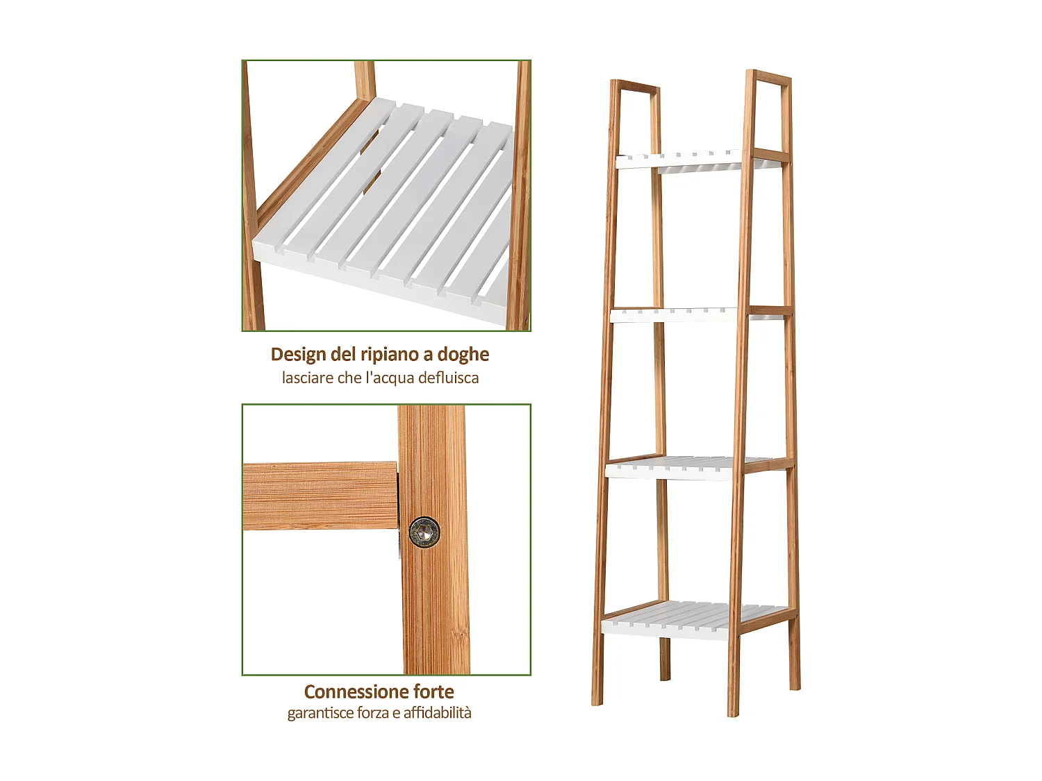 Scaffale bagno a scala con 4 ripiani in bambù bianco e legno