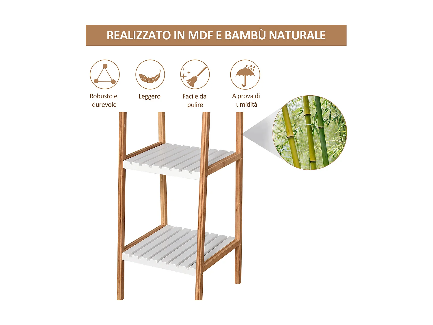 Scaffale bagno a scala con 4 ripiani in bambù bianco e legno