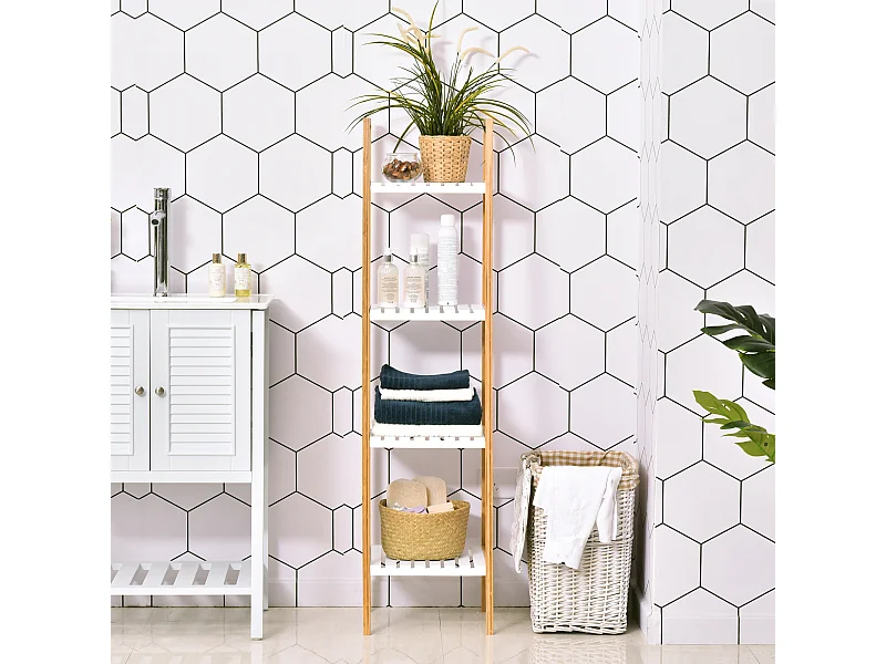 Scaffale bagno a scala con 4 ripiani in bambù bianco e legno