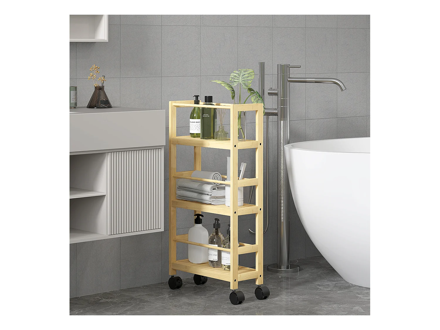 Scaffale bagno a 3 livelli a doghe con ruote in legno di bambù