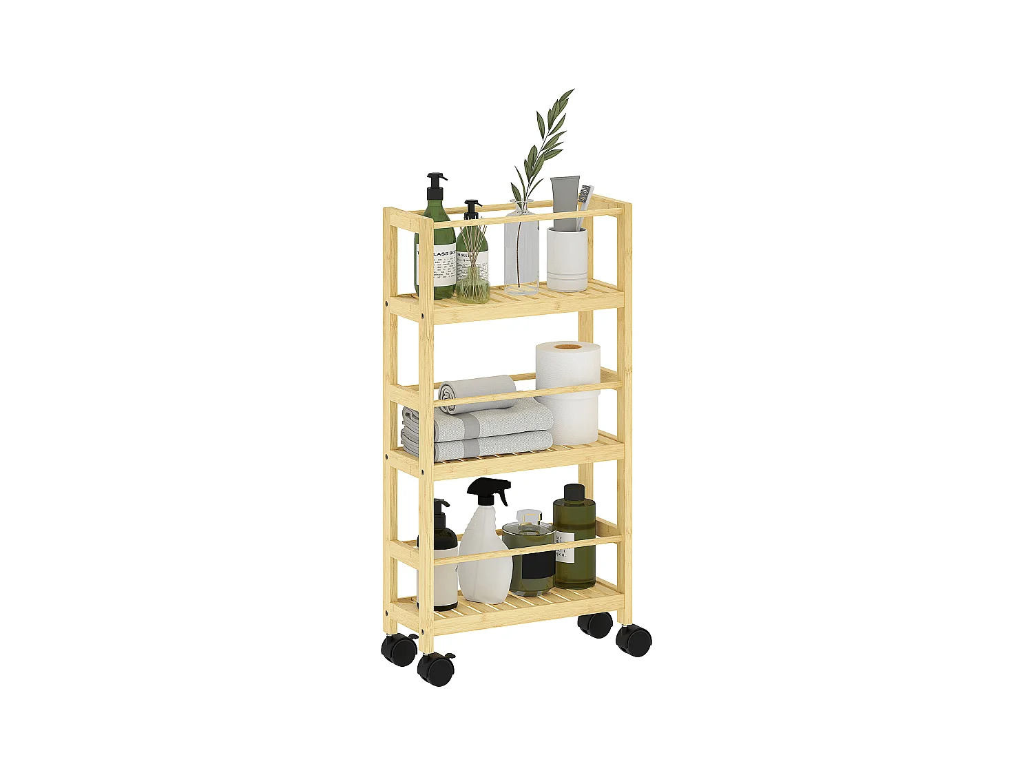 Scaffale bagno a 3 livelli a doghe con ruote in legno di bambù