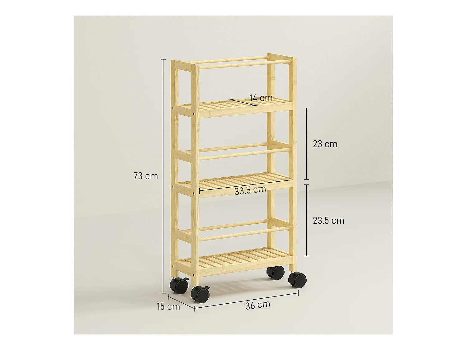 Scaffale bagno a 3 livelli a doghe con ruote in legno di bambù