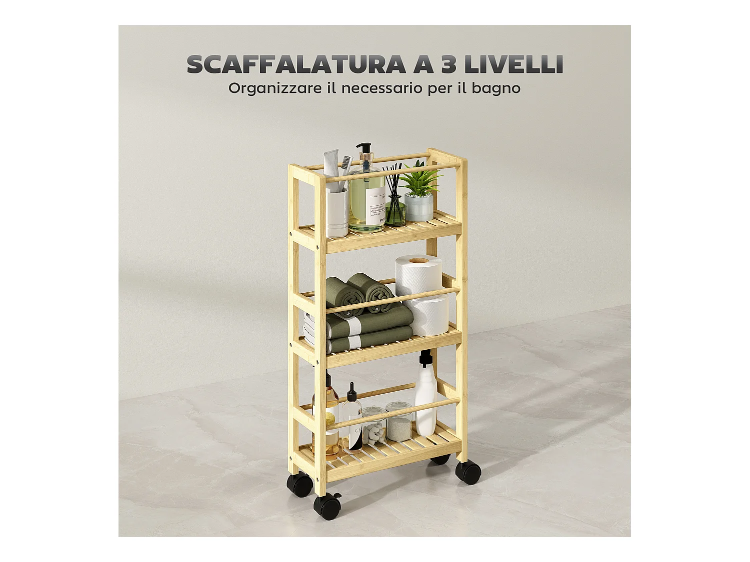 Scaffale bagno a 3 livelli a doghe con ruote in legno di bambù
