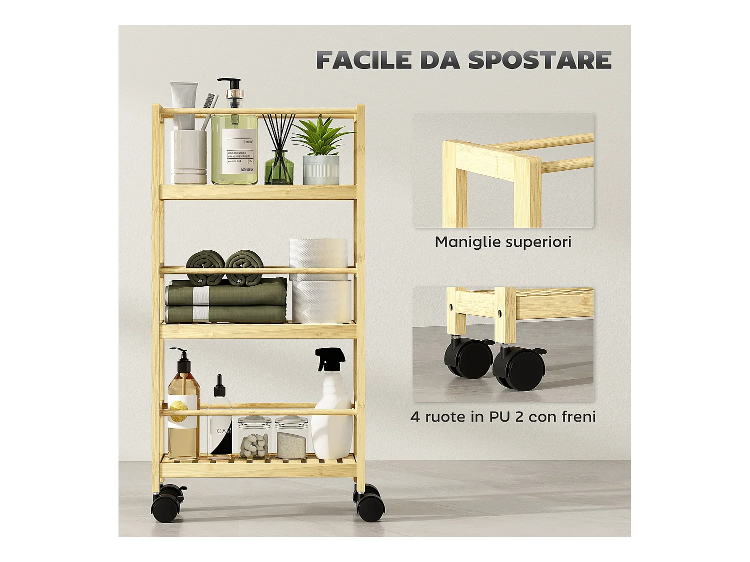 Scaffale bagno a 3 livelli a doghe con ruote in legno di bambù