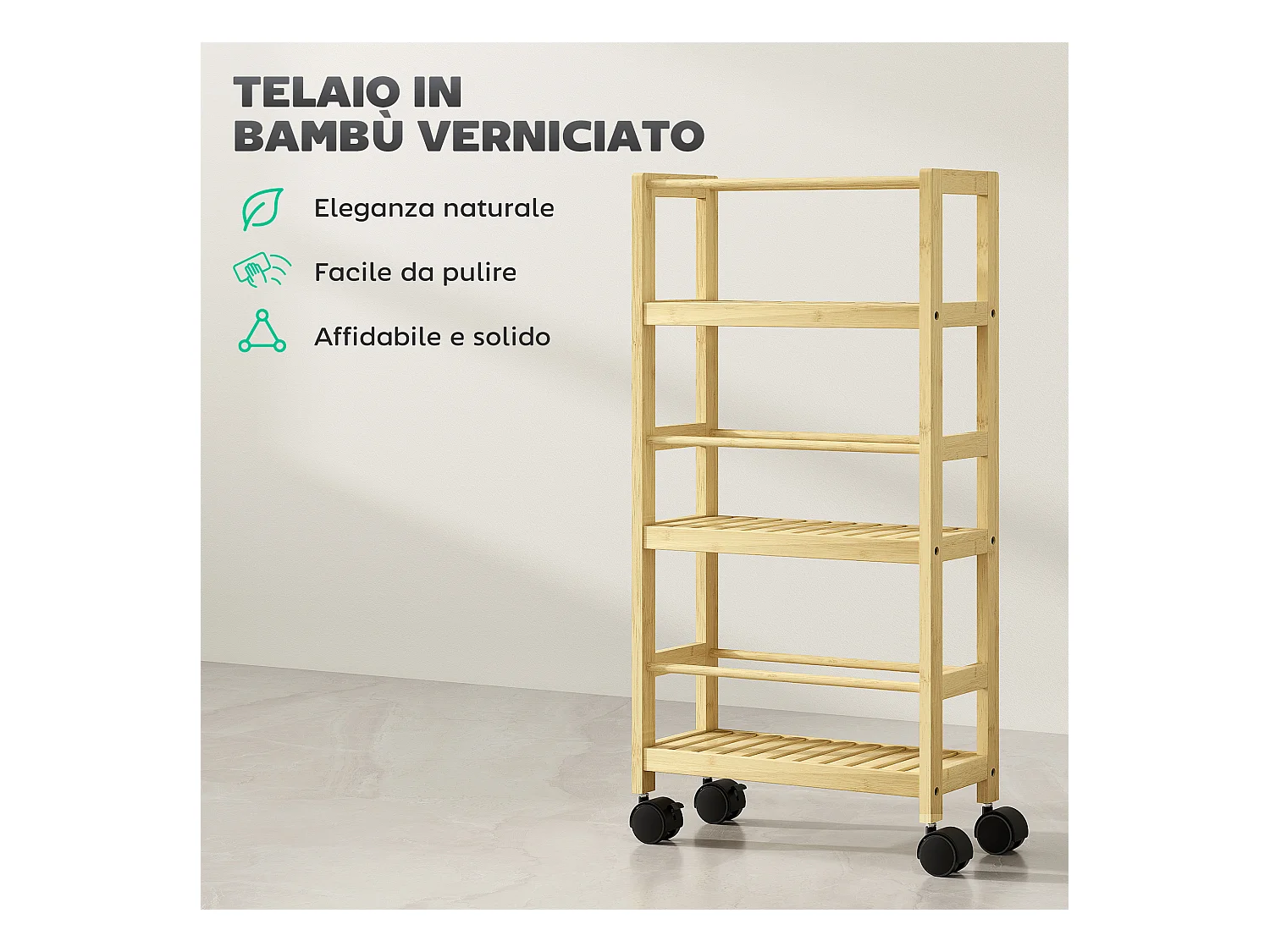 Scaffale bagno a 3 livelli a doghe con ruote in legno di bambù