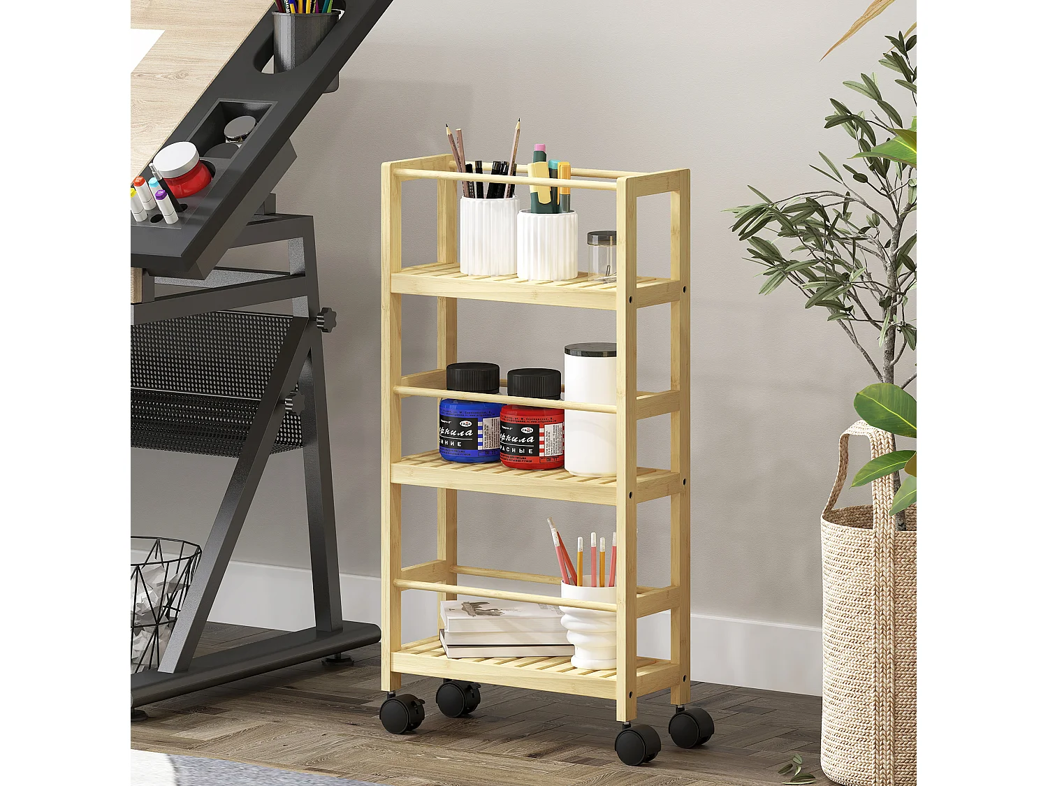 Scaffale bagno a 3 livelli a doghe con ruote in legno di bambù