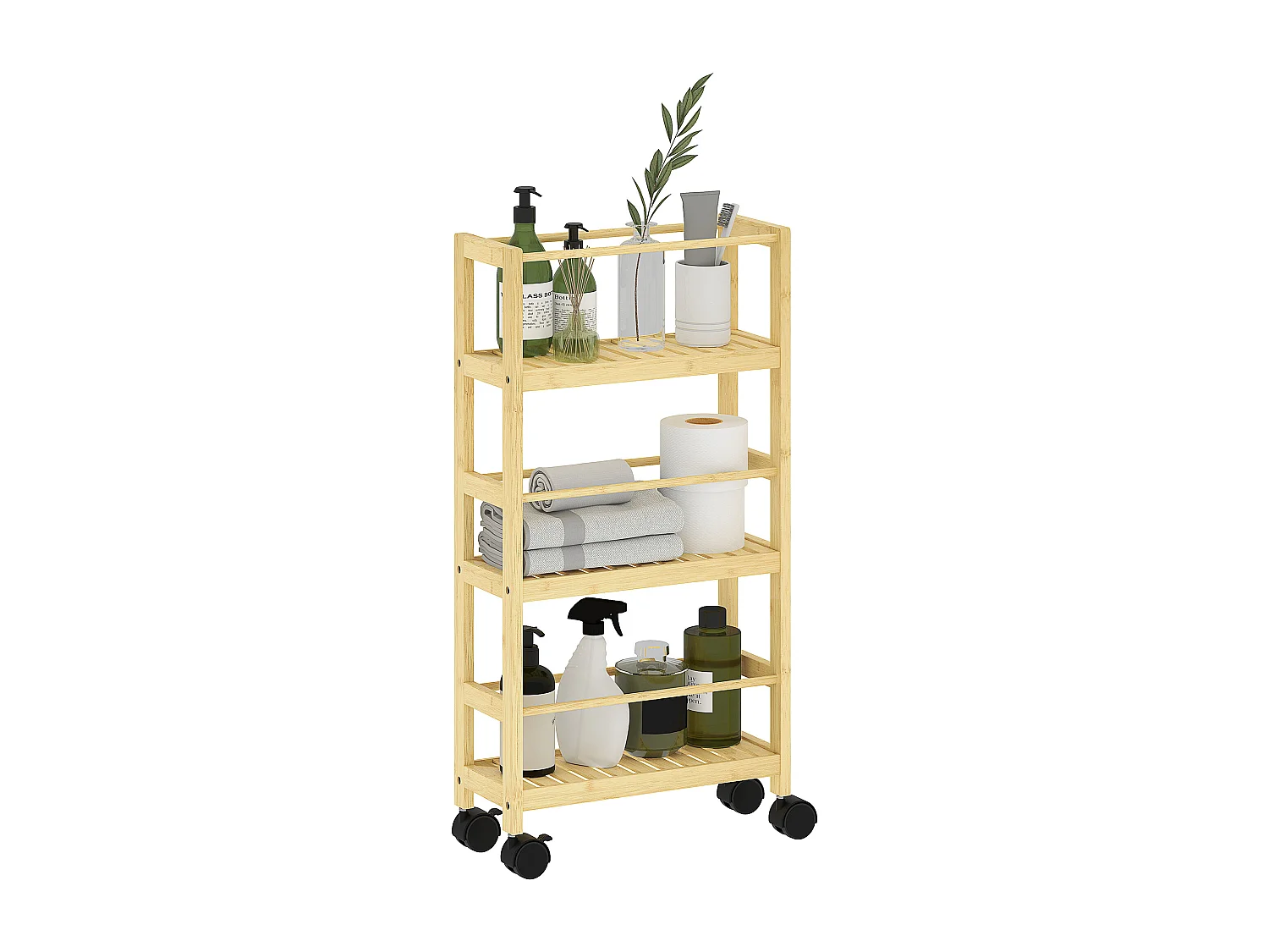 Scaffale bagno a 3 livelli a doghe con ruote in legno di bambù