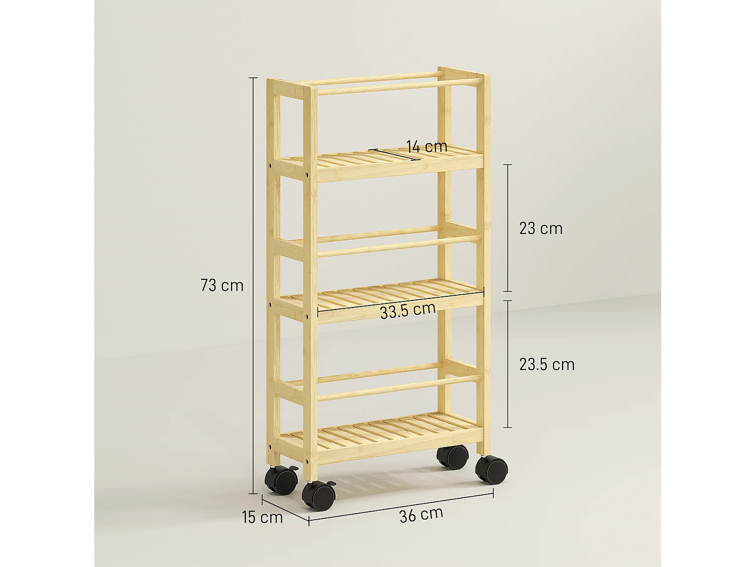 Scaffale bagno a 3 livelli a doghe con ruote in legno di bambù
