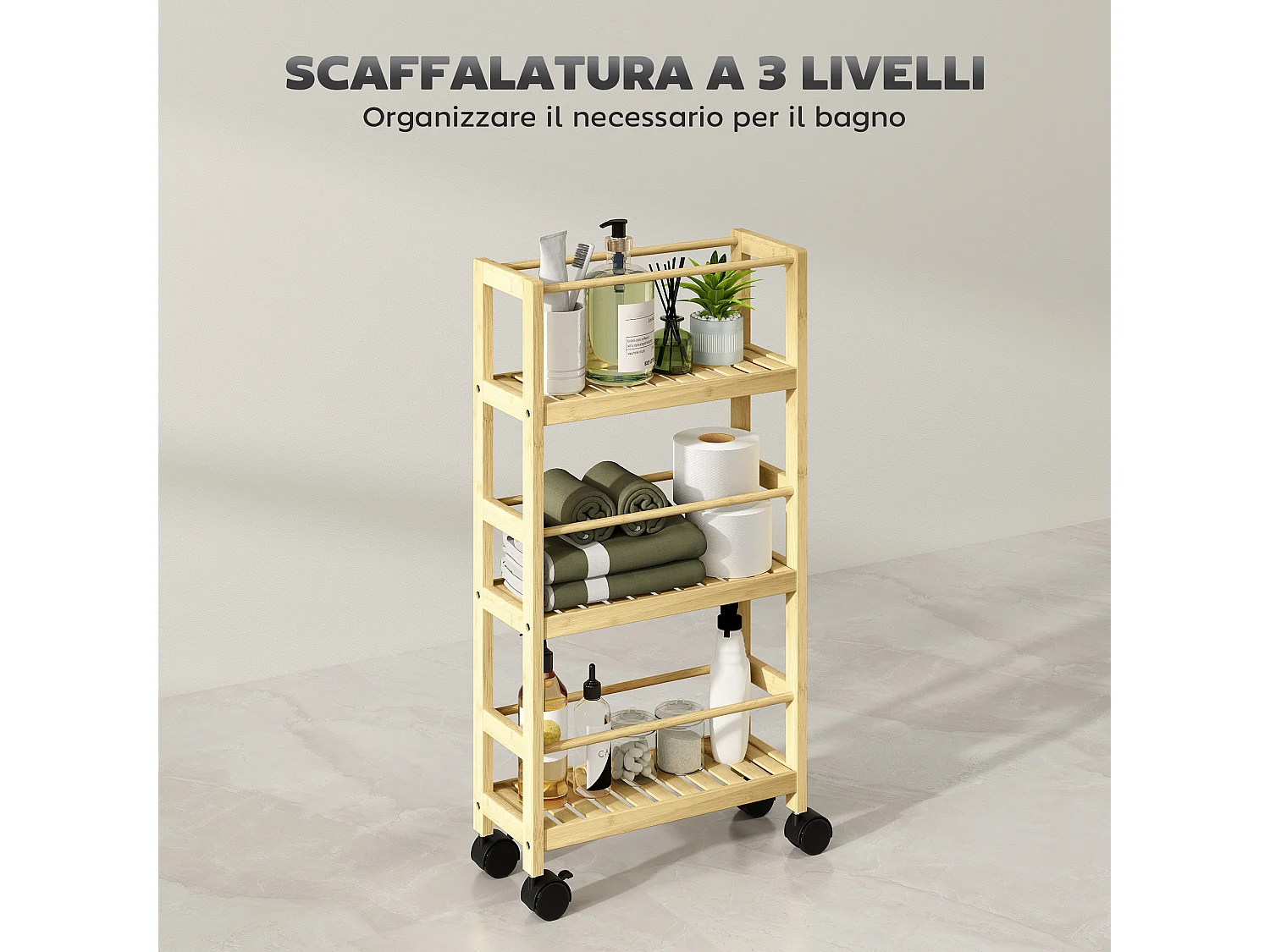Scaffale bagno a 3 livelli a doghe con ruote in legno di bambù